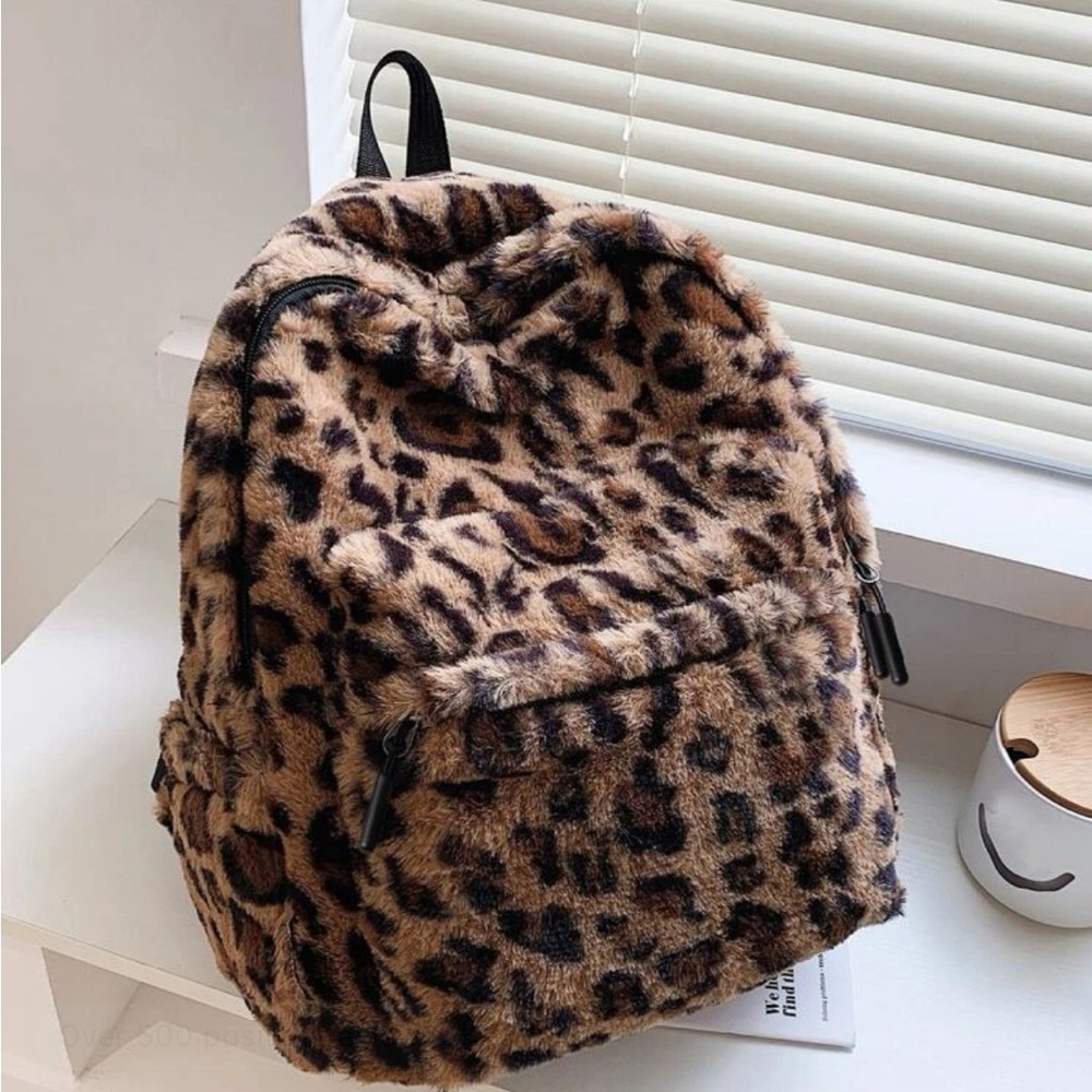 Allover Leopard Pattern Fluffy Backpack, Bag For School For CollegeSchool Bag